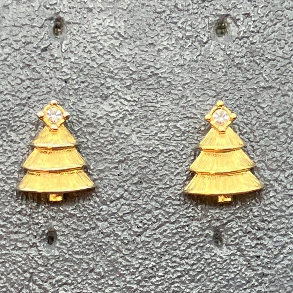 Christmas Tree Stud Earrings .5 In Gold Rhinestone Topper Textured Festive Retro